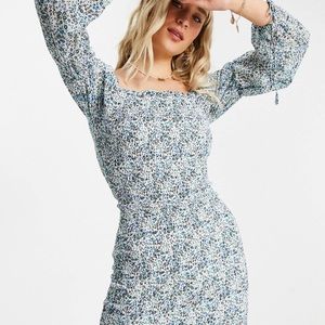 Asos Influence tall smocked dress blue floral size 6 uk10